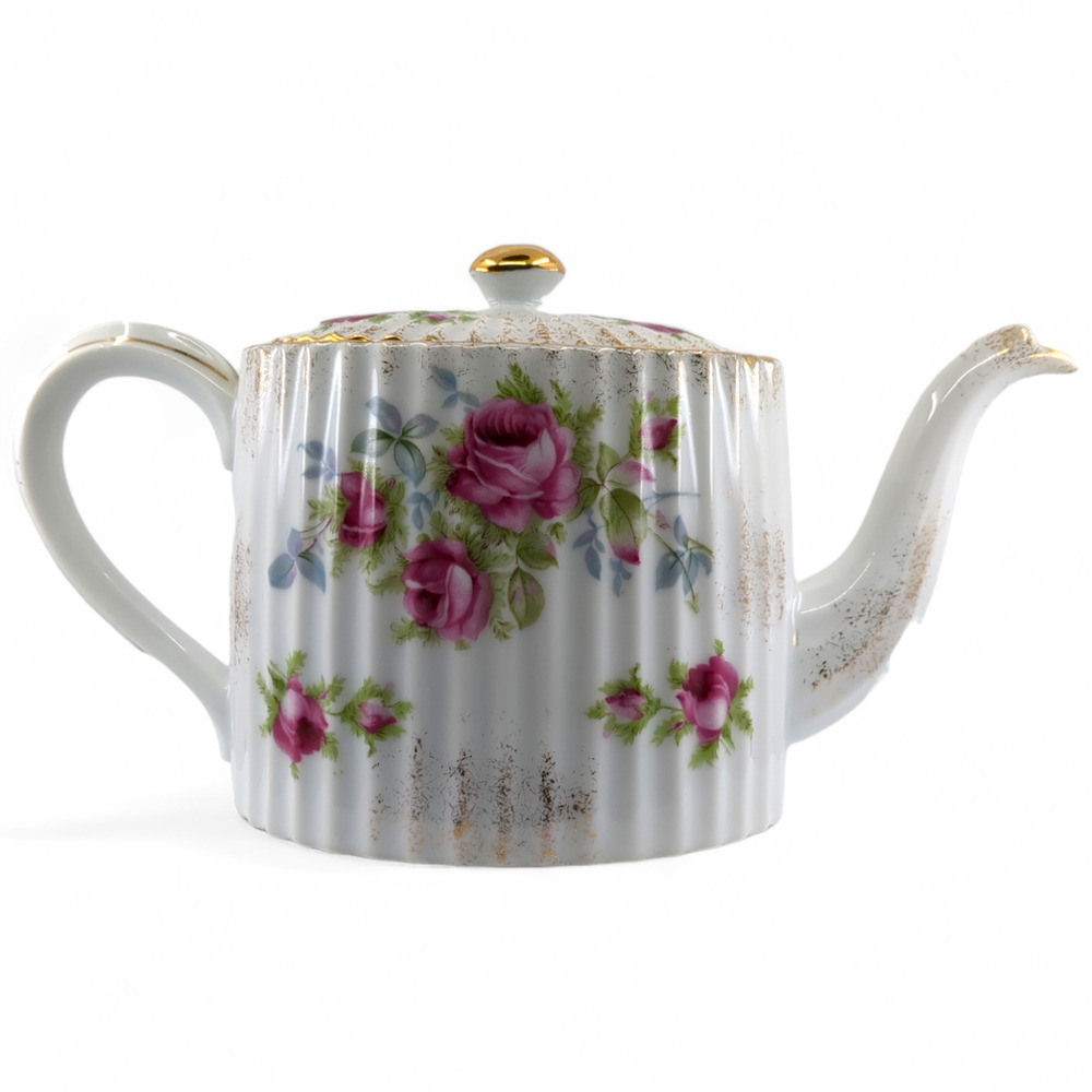 Bountiful Roses Teapot Lefton China K2275 Hand Painted Oval with Ribbed Pattern - Picture 2 of 9